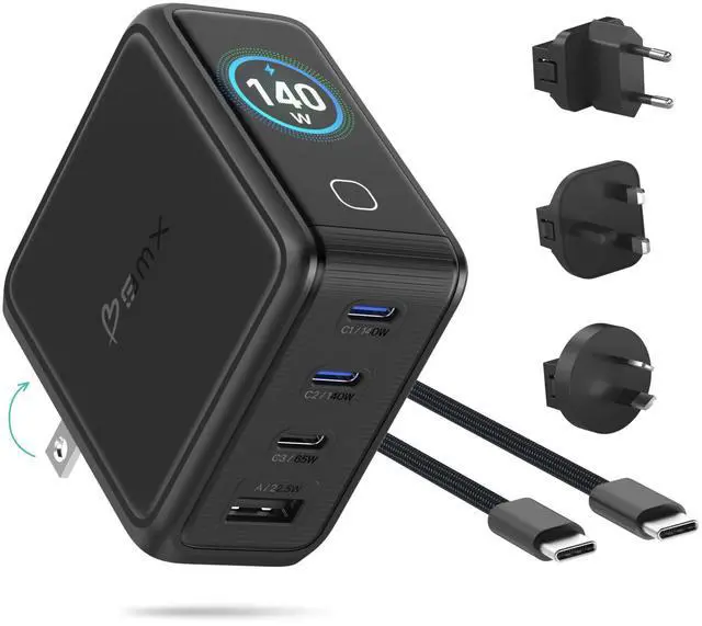 Main image of Gansta 140W USB-C GaN Laptop World Charger, 4-Port (3 USB-C + 1 USB-A), PD 3.1 140W, Smart LCD Display, MacBook Pro 16" Travel Charger + EU/UK/AU Adapters, Braided Cable & Pouch