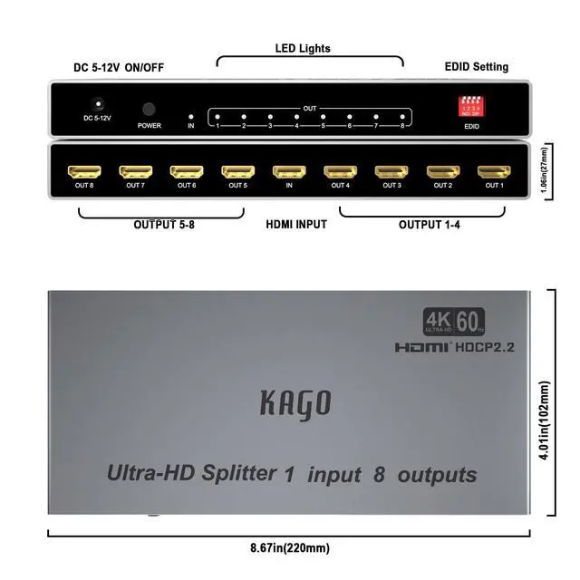 Alt view image 3 of 7 - 4K@60Hz 8 Port HDMI Splitter 1 in 8 Out with EDID | HDR10 & 3D, Lossless 18Gbps Video Pass-Through, Smart EDID Switch, HDCP 2.2, Heavy-Duty Metal