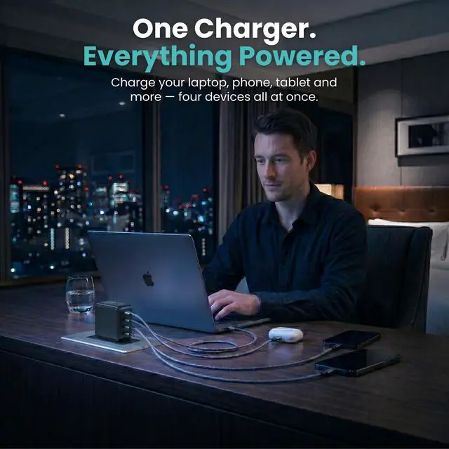 Alt view image 5 of 7 - Gansta 140W USB-C GaN Laptop World Charger, 4-Port (3 USB-C + 1 USB-A), PD 3.1 140W, Smart LCD Display, MacBook Pro 16" Travel Charger + EU/UK/AU Adapters, Braided Cable & Pouch