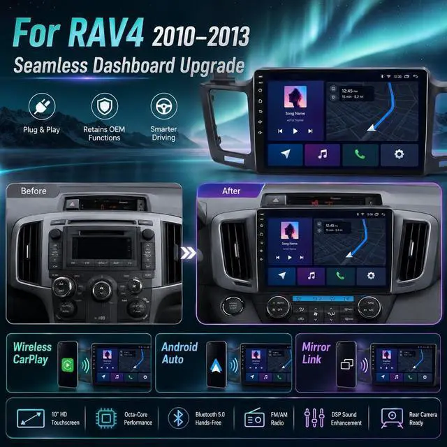 Alt view image 6 of 7 - for Toyota RAV4 2013-2018 10.2 (Online Upgrade OTA System) IPS Android Car Radio, 8core+64G, Wireless CarPlay/Android Auto, 5G WiFi, GPS Navigation, Bluetooth, Backup Camera, Mirror Link