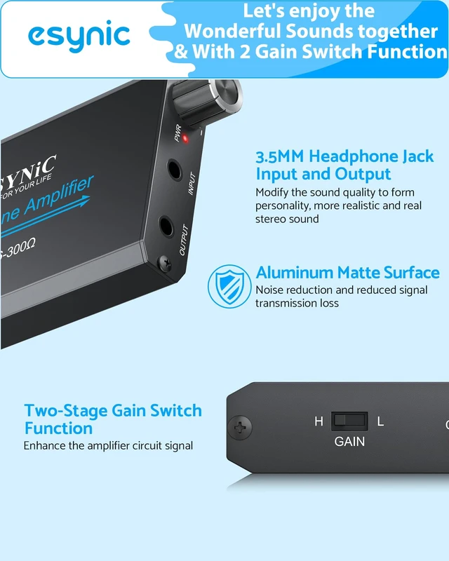 Alt view image 2 of 7 - Rechargeable 16-300 Ohms Portable Headphone Amplifier 3.5mm 12H Play Time- with Gain Switch & Volume Control-Aluminum Alloy for Phone/Laptops/PC/MP4/Gaming Consoles/CD Player