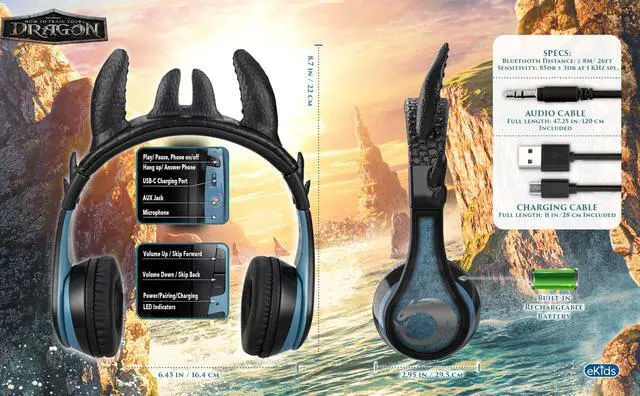 Alt view image 6 of 7 - How to Train Your Dragon Bluetooth Headphones for Kids Toothless Headphones