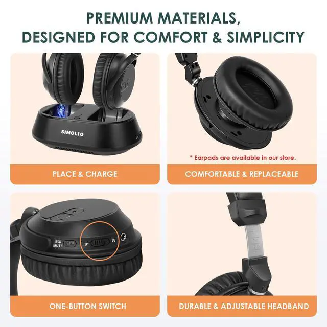 Alt view image 6 of 7 - Wireless TV Headphones for Seniors, Bluetooth Headset for PC/Phone | Clear Dialog, Optical Passthrough to Soundbar, 3 EQ, Replaceable Earmuffs, Volume Control, No Delay, Charging Dock
