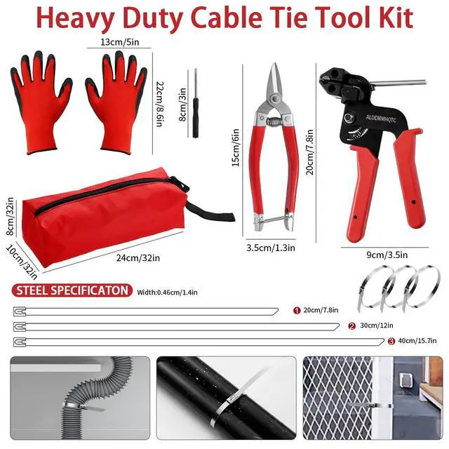 Alt view image 5 of 7 - Metal Zip Tie Tool 300PCS (100 Each: 7.8/12/15.7 Inch) Stainless Steel Cable Tie Gun Kit | Self-Locking Fastening & Cutting Tool Metal Zip Tie Gun for Fencing, Exhaust Pipes, Automotive (Red)