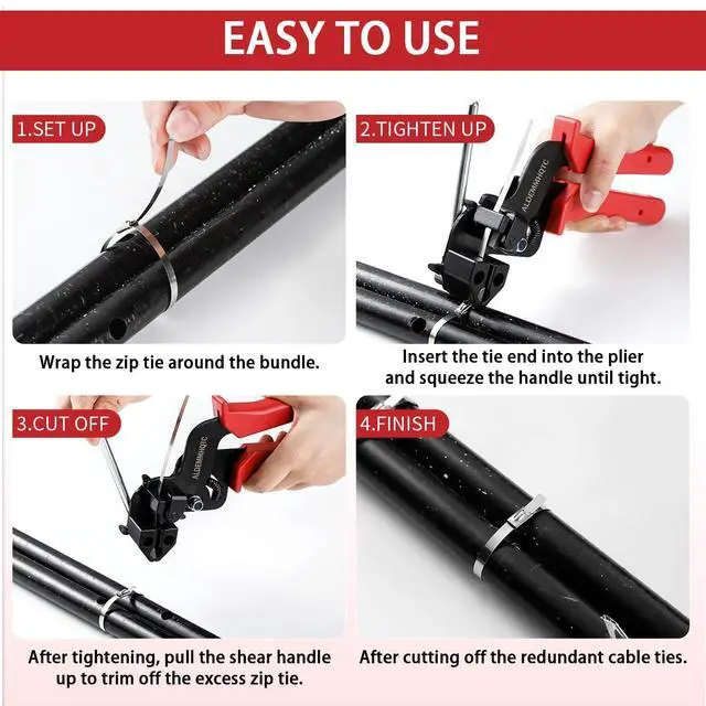 Alt view image 6 of 7 - Metal Zip Tie Tool 300PCS (100 Each: 7.8/12/15.7 Inch) Stainless Steel Cable Tie Gun Kit | Self-Locking Fastening & Cutting Tool Metal Zip Tie Gun for Fencing, Exhaust Pipes, Automotive (Red)