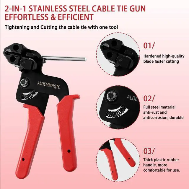 Alt view image 2 of 7 - Metal Zip Tie Tool 300PCS (100 Each: 7.8/12/15.7 Inch) Stainless Steel Cable Tie Gun Kit | Self-Locking Fastening & Cutting Tool Metal Zip Tie Gun for Fencing, Exhaust Pipes, Automotive (Red)