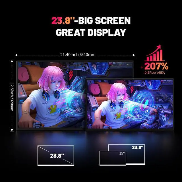 Alt view image 3 of 6 - Portable Monitor 4K 23.8" 3840 * 2160 UHD 100% sRGB 60Hz HDMI USB-C 24" Large Travel Monitor for Laptop, Built-in Stand & VESA Mount, Second Screen for PC Game Consoles