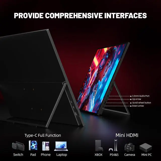 Alt view image 4 of 6 - Portable Monitor 4K 23.8" 3840 * 2160 UHD 100% sRGB 60Hz HDMI USB-C 24" Large Travel Monitor for Laptop, Built-in Stand & VESA Mount, Second Screen for PC Game Consoles