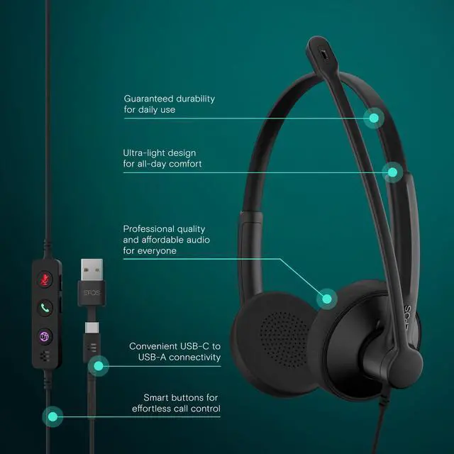 Alt view image 2 of 7 - Impact 100 MS Stereo USB-C+A Headset with Microphone, Certified Microsoft Teams, Noise-Cancelling Mic, Lightweight, Call Control, USB Adapter, Soft Earpads, Professional UC Headphones