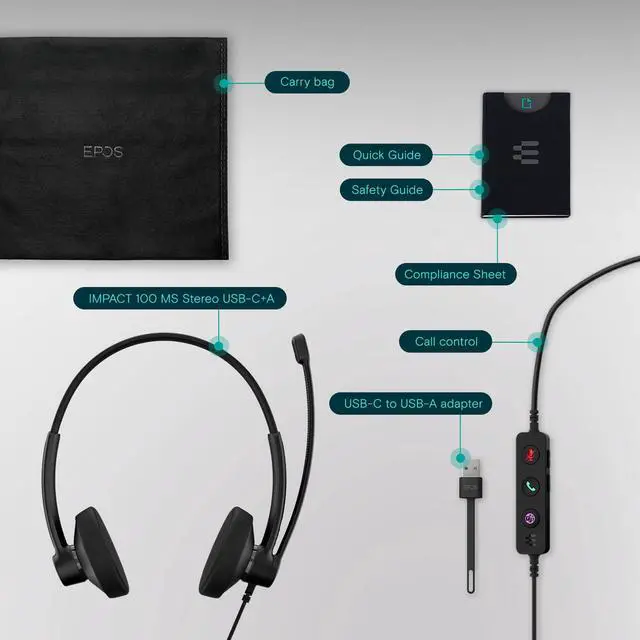 Alt view image 5 of 7 - Impact 100 MS Stereo USB-C+A Headset with Microphone, Certified Microsoft Teams, Noise-Cancelling Mic, Lightweight, Call Control, USB Adapter, Soft Earpads, Professional UC Headphones