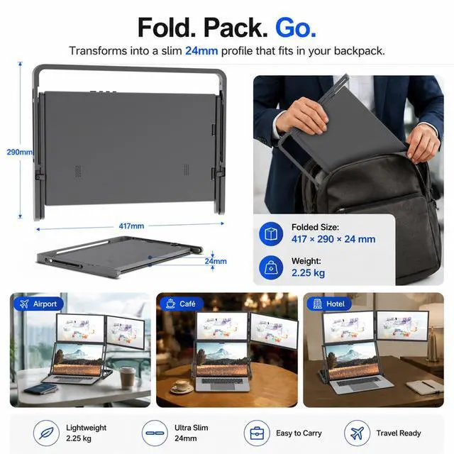 Alt view image 7 of 7 - DuoCreate FHD 15.6" Triple Portable Monitor Extender for Laptop | 2×15.6" 1920×1080 IPS | 360° Rotation | USB-C & HDMI | Aluminum Alloy Foldable Stand | Eye Care | for 13-18.5" Mac & Windows