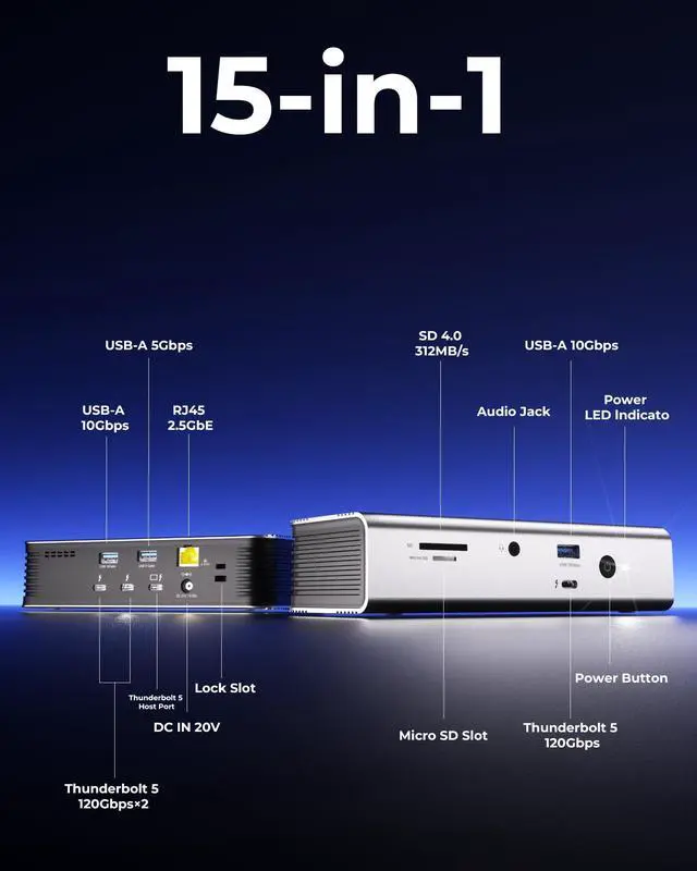 Alt view image 3 of 7 - Thunderbolt 5 Docking Station (80/120Gbps), Build in NVMe SSD Slot, 180W Power Delivery, Up to Dual 6K@60Hz for Mac, Dual 8K120Hz for Windows,3X Thunderbolt 5 Ports, Laptop Docking Station