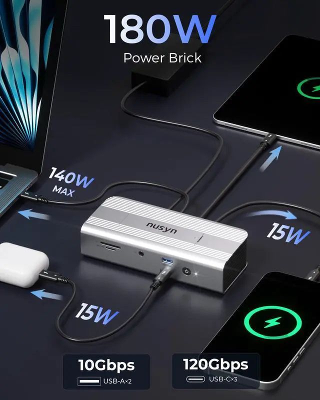 Alt view image 2 of 7 - Thunderbolt 5 Docking Station (80/120Gbps), Build in NVMe SSD Slot, 180W Power Delivery, Up to Dual 6K@60Hz for Mac, Dual 8K120Hz for Windows,3X Thunderbolt 5 Ports, Laptop Docking Station