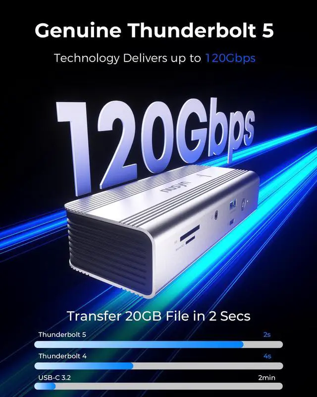 Alt view image 6 of 7 - Thunderbolt 5 Docking Station (80/120Gbps), Build in NVMe SSD Slot, 180W Power Delivery, Up to Dual 6K@60Hz for Mac, Dual 8K120Hz for Windows,3X Thunderbolt 5 Ports, Laptop Docking Station