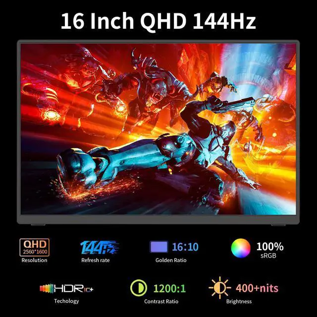 Alt view image 2 of 7 - Portable Monitor Gaming 2.5K 120Hz, 16" 2560x1600 QHD 16:10 400 Nits HDR FreeSync Portable Monitor w/Speaker Sleeve Case, External Screen for PC Laptop Game Console