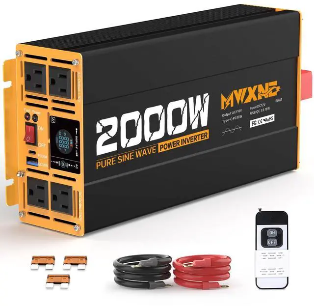 Main image of 2000W Pure Sine Wave Inverter 12V DC to 110V 120V AC Car Converter for RV Truck Off-Grid Solar Power Inverter with 4 AC Outlets, USB/Type-C Fast Charging Ports, LCD Display, Remote Control