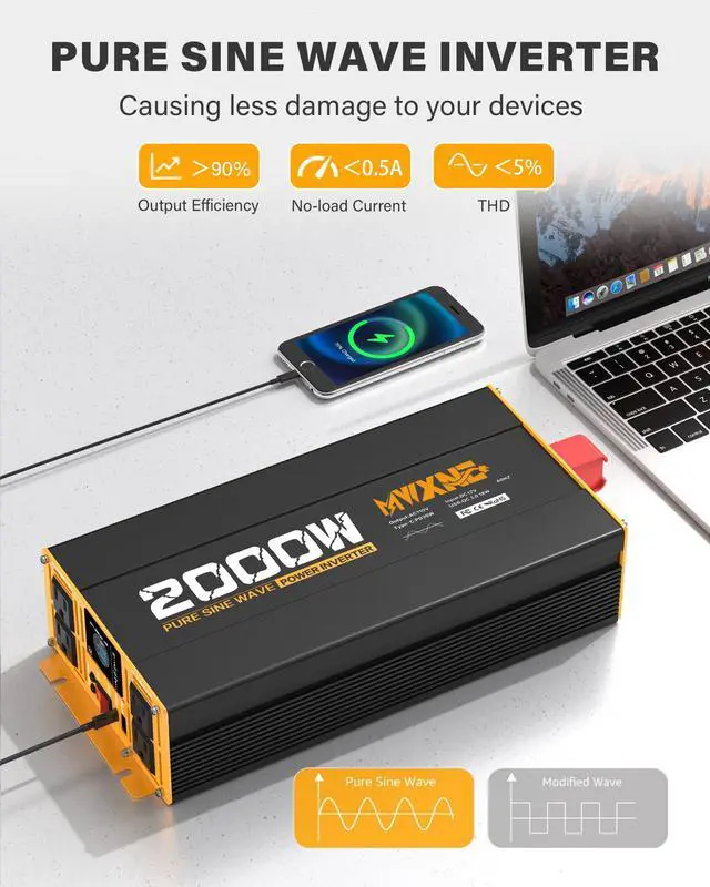 Alt view image 3 of 7 - 2000W Pure Sine Wave Inverter 12V DC to 110V 120V AC Car Converter for RV Truck Off-Grid Solar Power Inverter with 4 AC Outlets, USB/Type-C Fast Charging Ports, LCD Display, Remote Control