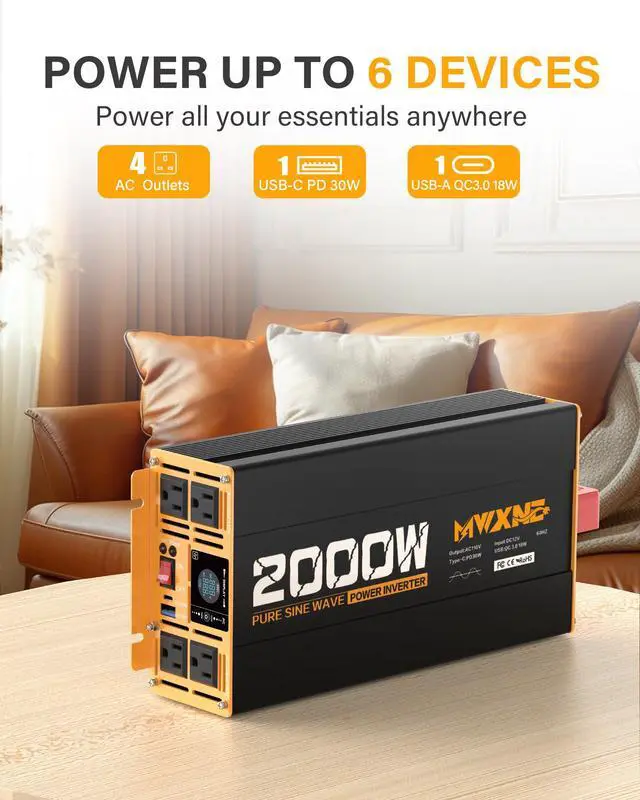 Alt view image 2 of 7 - 2000W Pure Sine Wave Inverter 12V DC to 110V 120V AC Car Converter for RV Truck Off-Grid Solar Power Inverter with 4 AC Outlets, USB/Type-C Fast Charging Ports, LCD Display, Remote Control