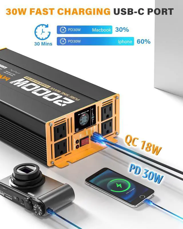 Alt view image 4 of 7 - 2000W Pure Sine Wave Inverter 12V DC to 110V 120V AC Car Converter for RV Truck Off-Grid Solar Power Inverter with 4 AC Outlets, USB/Type-C Fast Charging Ports, LCD Display, Remote Control