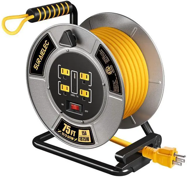 Main image of 12 Gauge Extension Cord Reel, Metal Steel Cable Drum, 75 Ft | 4 Grounded Outlets, USB-A & USB-C Port, 15 AMP, Retractable Cord Reel with Winding Handle, for Workshop, Garage, Jobsite