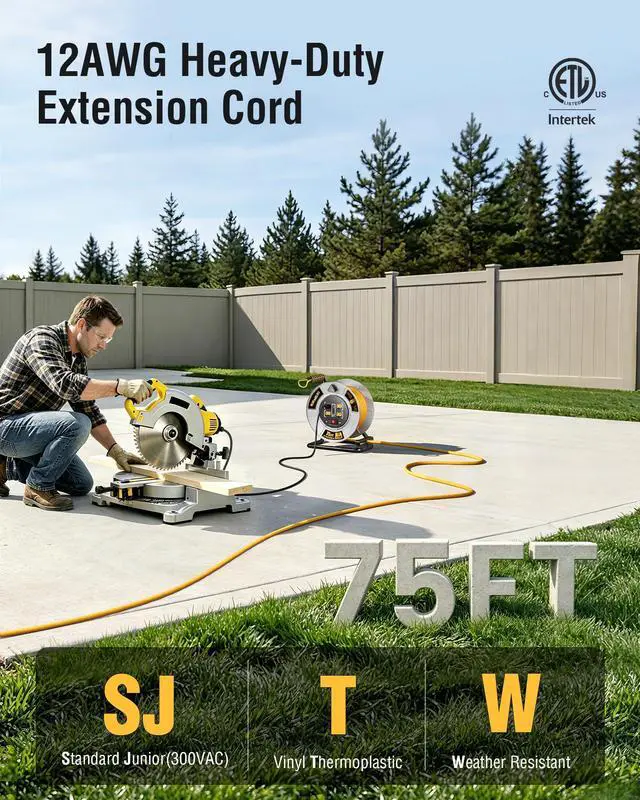Alt view image 2 of 7 - 12 Gauge Extension Cord Reel, Metal Steel Cable Drum, 75 Ft | 4 Grounded Outlets, USB-A & USB-C Port, 15 AMP, Retractable Cord Reel with Winding Handle, for Workshop, Garage, Jobsite