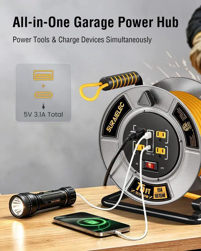 Alt view image 3 of 7 - 12 Gauge Extension Cord Reel, Metal Steel Cable Drum, 75 Ft | 4 Grounded Outlets, USB-A & USB-C Port, 15 AMP, Retractable Cord Reel with Winding Handle, for Workshop, Garage, Jobsite