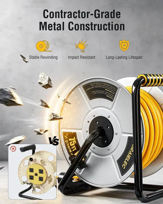 Alt view image 4 of 7 - 12 Gauge Extension Cord Reel, Metal Steel Cable Drum, 75 Ft | 4 Grounded Outlets, USB-A & USB-C Port, 15 AMP, Retractable Cord Reel with Winding Handle, for Workshop, Garage, Jobsite