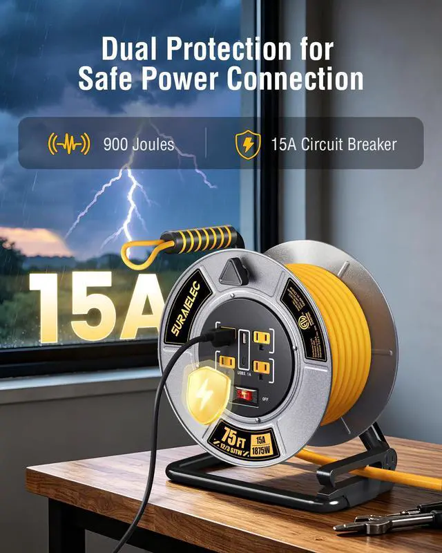 Alt view image 5 of 7 - 12 Gauge Extension Cord Reel, Metal Steel Cable Drum, 75 Ft | 4 Grounded Outlets, USB-A & USB-C Port, 15 AMP, Retractable Cord Reel with Winding Handle, for Workshop, Garage, Jobsite