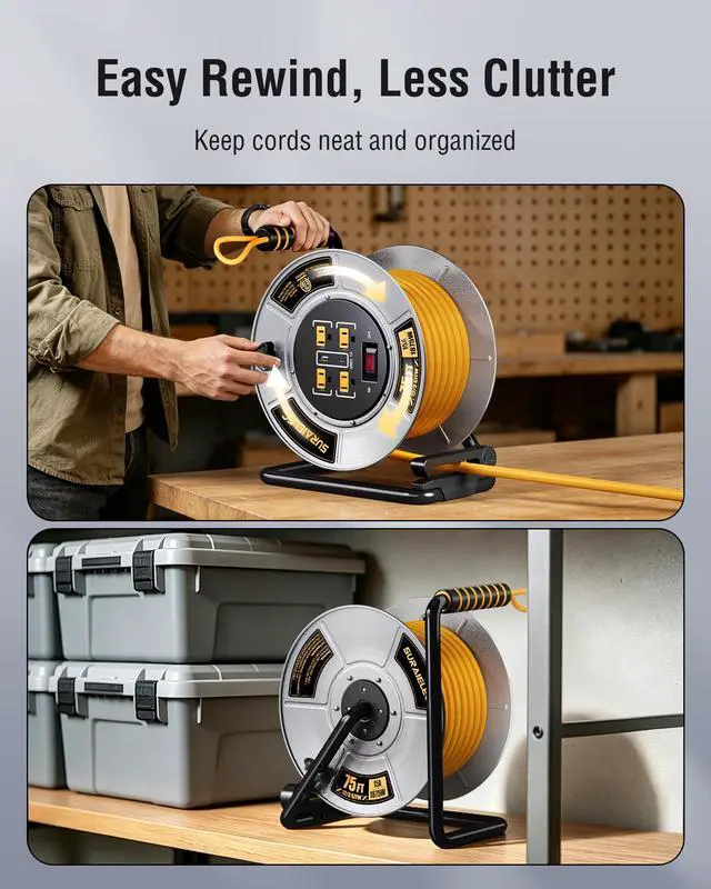 Alt view image 6 of 7 - 12 Gauge Extension Cord Reel, Metal Steel Cable Drum, 75 Ft | 4 Grounded Outlets, USB-A & USB-C Port, 15 AMP, Retractable Cord Reel with Winding Handle, for Workshop, Garage, Jobsite