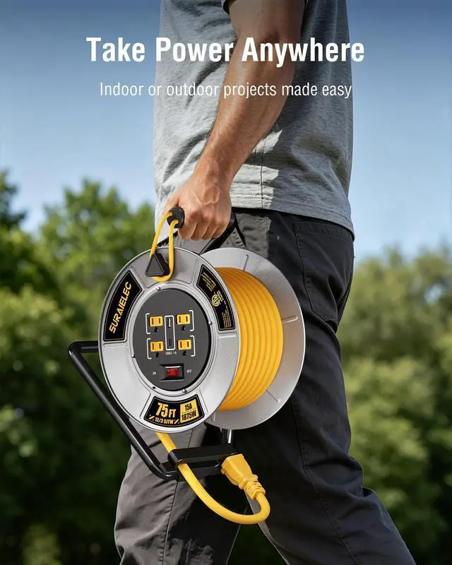 Alt view image 7 of 7 - 12 Gauge Extension Cord Reel, Metal Steel Cable Drum, 75 Ft | 4 Grounded Outlets, USB-A & USB-C Port, 15 AMP, Retractable Cord Reel with Winding Handle, for Workshop, Garage, Jobsite
