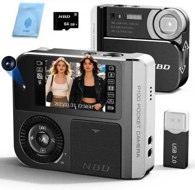 Main image of 64MP&4K Digital Camera for Photography,Pocket Camera,Swipe to Power On,5X Digital Zoom,Dual Screen for Self-Framing,Auto Focus,21 Filters,USB Charging,64GB TF Card (Black)