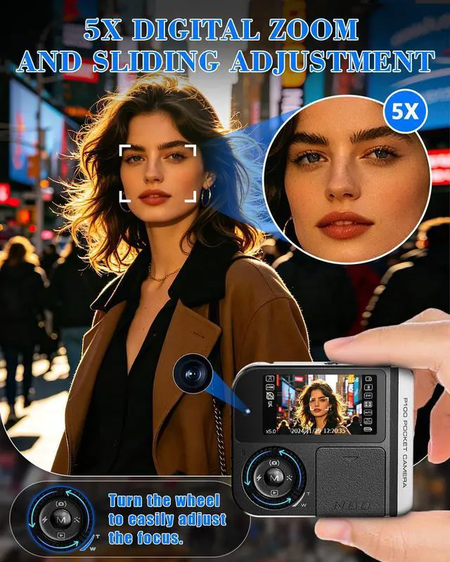 Alt view image 4 of 7 - 64MP&4K Digital Camera for Photography,Pocket Camera,Swipe to Power On,5X Digital Zoom,Dual Screen for Self-Framing,Auto Focus,21 Filters,USB Charging,64GB TF Card (Black)