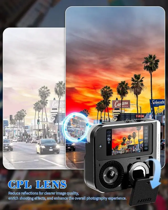 Alt view image 5 of 7 - 64MP&4K Digital Camera for Photography,Pocket Camera,Swipe to Power On,5X Digital Zoom,Dual Screen for Self-Framing,Auto Focus,21 Filters,USB Charging,64GB TF Card (Black)