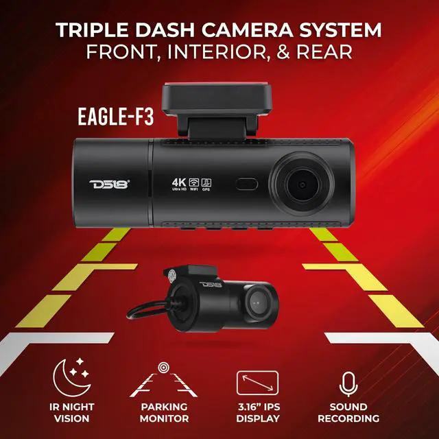 Alt view image 2 of 7 - Eagle-F3 4K Dash Cam Triple Front Cabin and Rear, WiFi GPS Dash Cam with Night Vision, 24/7 Parking Mode, G-Sensor, Loop Recording, Includes 64GB microSD Card