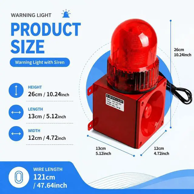 Alt view image 2 of 7 - Industrial Siren Alarm with Strobe Light 120dB Adjustable Volume | 110VTone Button 3 Alarm Sounds,IP55 Waterproof,Plug and Play,High Bright LED Beads,Wall Mount,for Factory,Office,Outdoor Use