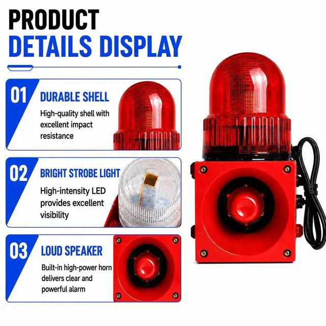 Alt view image 3 of 7 - Industrial Siren Alarm with Strobe Light 120dB Adjustable Volume | 110VTone Button 3 Alarm Sounds,IP55 Waterproof,Plug and Play,High Bright LED Beads,Wall Mount,for Factory,Office,Outdoor Use