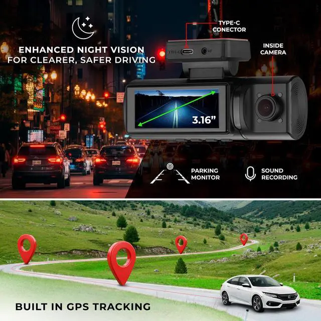 Alt view image 4 of 7 - Eagle-F3 4K Dash Cam Triple Front Cabin and Rear, WiFi GPS Dash Cam with Night Vision, 24/7 Parking Mode, G-Sensor, Loop Recording, Includes 64GB microSD Card