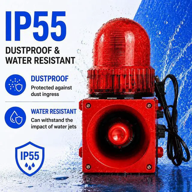 Alt view image 4 of 7 - Industrial Siren Alarm with Strobe Light 120dB Adjustable Volume | 110VTone Button 3 Alarm Sounds,IP55 Waterproof,Plug and Play,High Bright LED Beads,Wall Mount,for Factory,Office,Outdoor Use