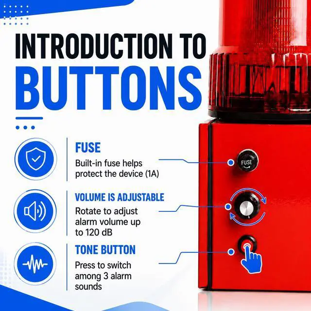 Alt view image 5 of 7 - Industrial Siren Alarm with Strobe Light 120dB Adjustable Volume | 110VTone Button 3 Alarm Sounds,IP55 Waterproof,Plug and Play,High Bright LED Beads,Wall Mount,for Factory,Office,Outdoor Use
