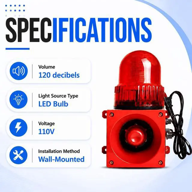 Alt view image 6 of 7 - Industrial Siren Alarm with Strobe Light 120dB Adjustable Volume | 110VTone Button 3 Alarm Sounds,IP55 Waterproof,Plug and Play,High Bright LED Beads,Wall Mount,for Factory,Office,Outdoor Use