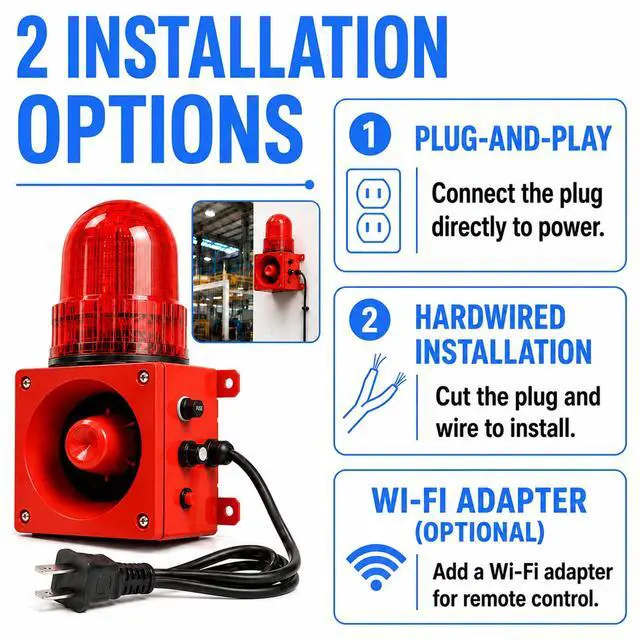 Alt view image 7 of 7 - Industrial Siren Alarm with Strobe Light 120dB Adjustable Volume | 110VTone Button 3 Alarm Sounds,IP55 Waterproof,Plug and Play,High Bright LED Beads,Wall Mount,for Factory,Office,Outdoor Use