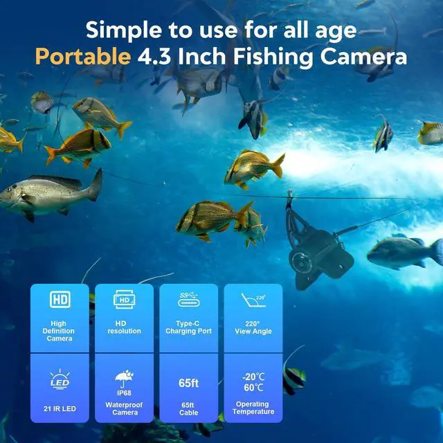 Alt view image 2 of 7 - 4.3inch Underwater Fishing Camera,65ft Cable 220° Ultra Wide Angle 21pcs IR Lights with Night Vision,Portable Storage Bag,5000mAh Fish Finder for Ice Fishing,Lake,Boat,Kayak