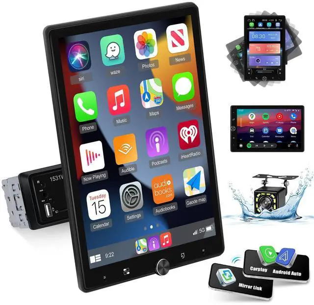 Main image of Single Din Vertical Car Stereo Rotatable 10.4 inch Touch Screen Radio | with Wireless Carplay/Android Auto/EQ Audio/Bluetooth/SWC/GPS Navigation/FM Radio +Backup Camera
