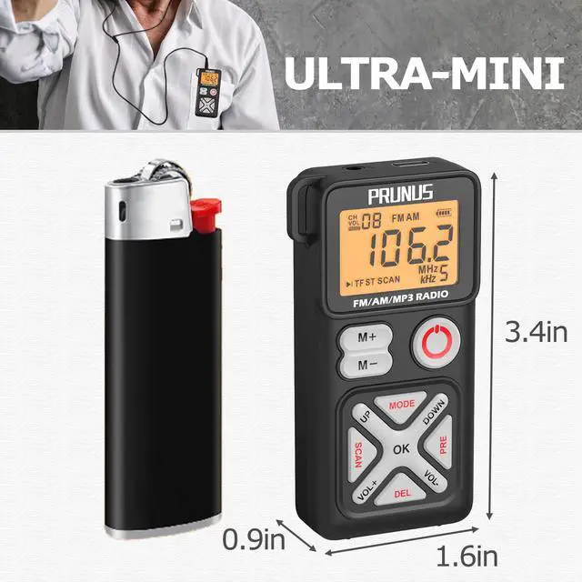 Alt view image 2 of 7 - J-988 Pocket AM FM Radio Portable Personal Mini Radio with Earphone | with Digital Tuning LCD Display and Back Clip, Rechargeable Pocket Radio SD Card Player for Walking, Jogging