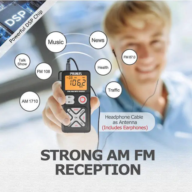 Alt view image 3 of 7 - J-988 Pocket AM FM Radio Portable Personal Mini Radio with Earphone | with Digital Tuning LCD Display and Back Clip, Rechargeable Pocket Radio SD Card Player for Walking, Jogging