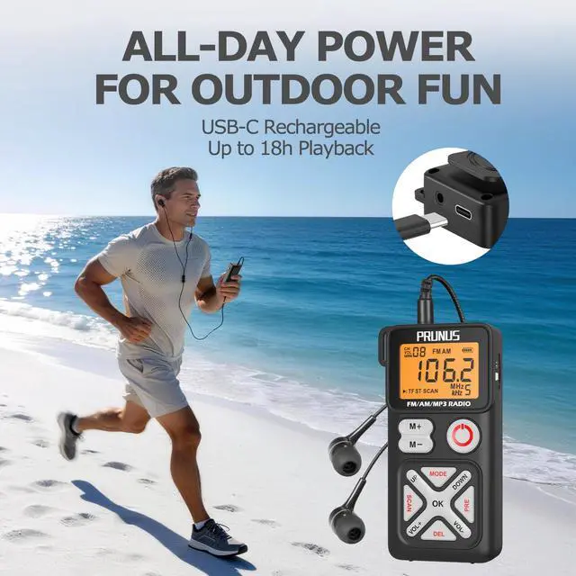 Alt view image 6 of 7 - J-988 Pocket AM FM Radio Portable Personal Mini Radio with Earphone | with Digital Tuning LCD Display and Back Clip, Rechargeable Pocket Radio SD Card Player for Walking, Jogging