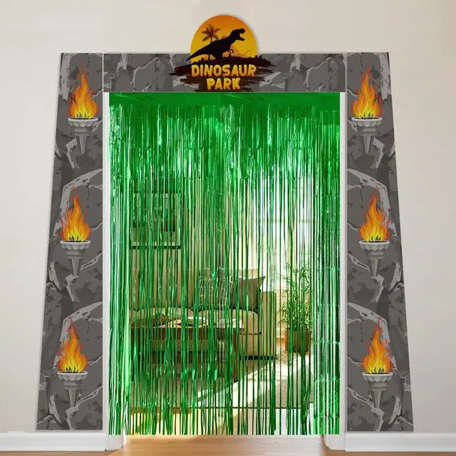Alt view image 2 of 7 - Dinosaur Banner Birthday Party Decorations Supplies | Dino Park Door Porch Backdrop and Green Foil Fringe Curtains for Kids Jungle Safari Theme Entryway Photoshoot Props