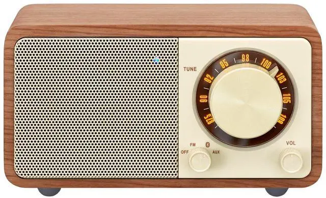 Main image of WR-7WL Wood Cabinet Mini Bluetooth Speaker with FM Tuner and Aux-in Walnut/Wood
