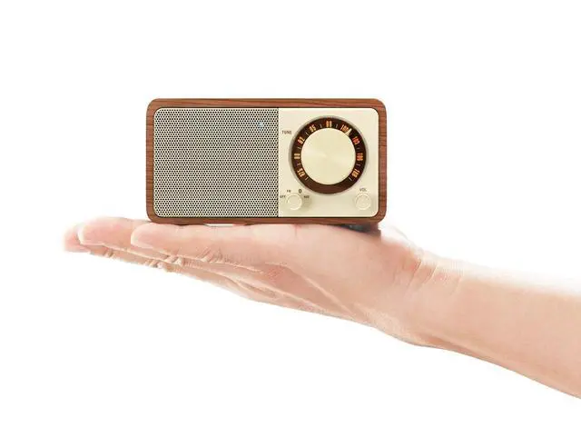 Alt view image 4 of 6 - WR-7WL Wood Cabinet Mini Bluetooth Speaker with FM Tuner and Aux-in Walnut/Wood