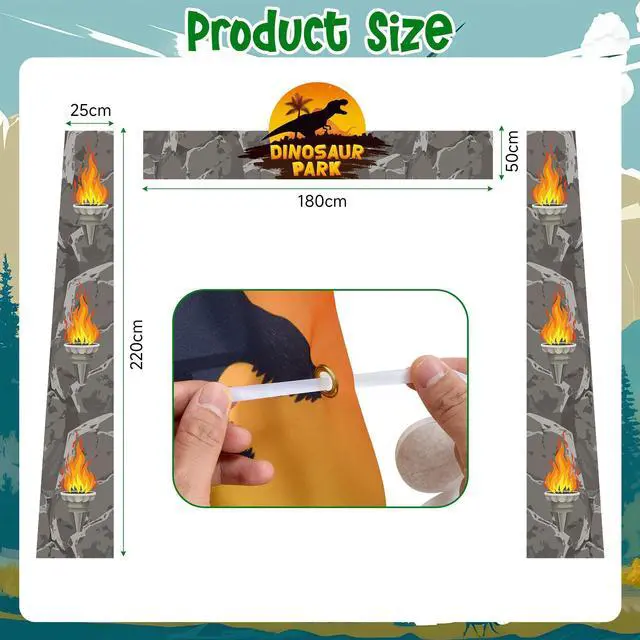Alt view image 3 of 7 - Dinosaur Banner Birthday Party Decorations Supplies | Dino Park Door Porch Backdrop and Green Foil Fringe Curtains for Kids Jungle Safari Theme Entryway Photoshoot Props